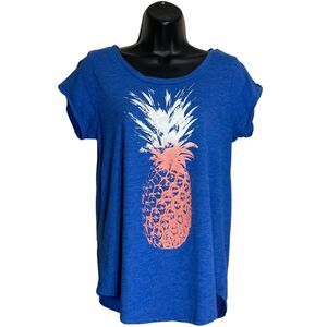 Lucky Brand T-Shirt Womens M Blue Pineapple Graphic Tee Boho Scoop Neck Top